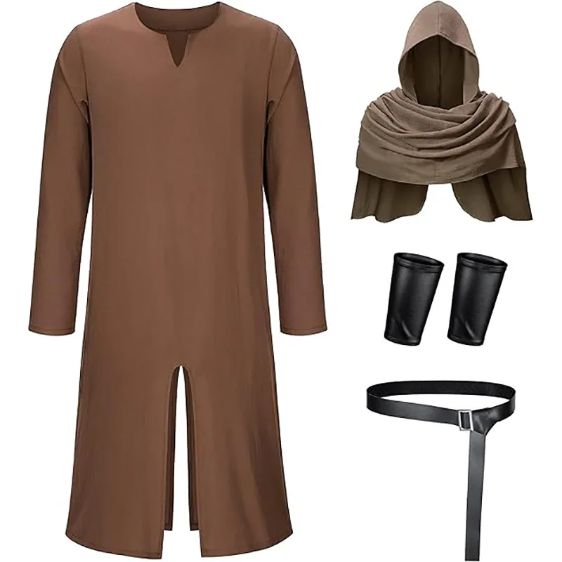 Men's Renaissance Medieval Knight Pirate Cosplay Costume Brown Robe Hooded Cape Cloak Stage Performance Halloween Party Outfit - view 4