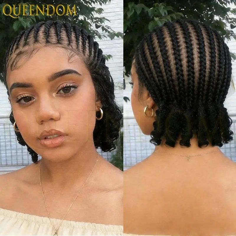 Peruca sintética curta bob, renda frontal completa, cornrow, caixa sem nós, trançada, com cabelo de bebê, 8 polegadas para mulheres