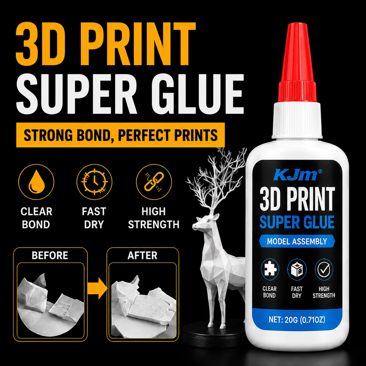 KJM 3D Printer Glue Super Glue Strong Adhesive For 3D Printed Models Fast Dry Bonding Repair Glue For PLA ABS Resin Parts
