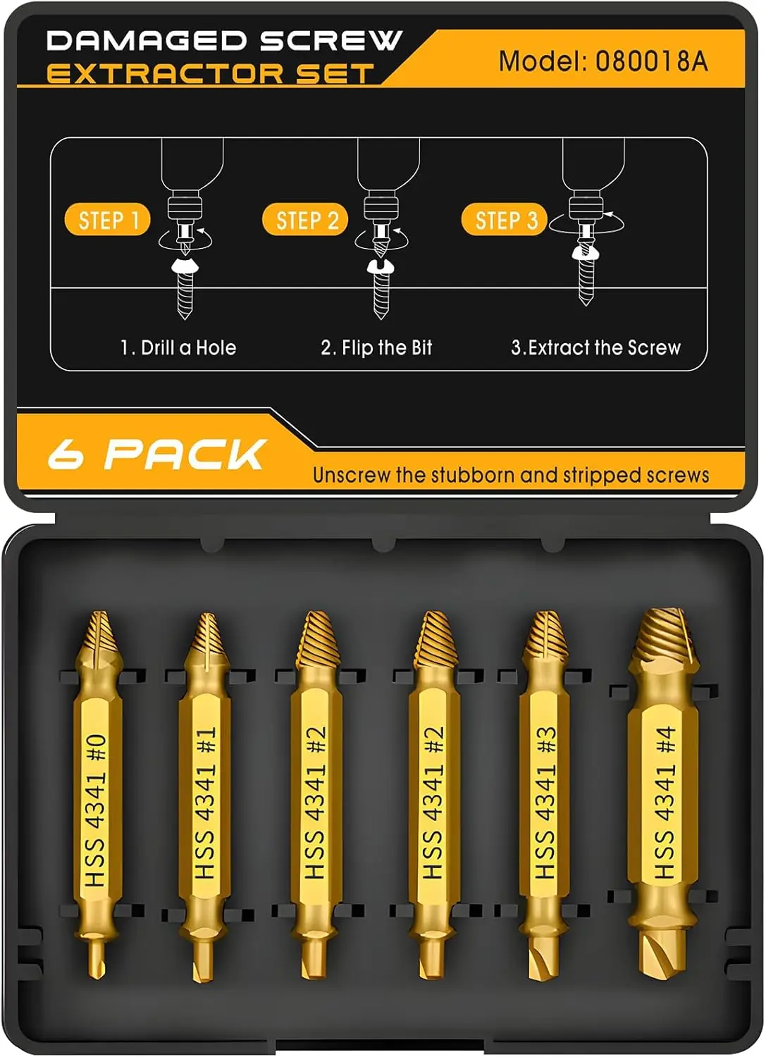 Juego de extractores de tornillos dañados de 6 piezas: herramientas para quitar tornillos de doble cabeza para extractores de pernos fáciles y extractores de tornillos de cabeza rota - Alta