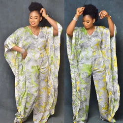 Muslim Fashion Jumpsuits For Women 2024 Elegant V-neck Bat Sleeve Floral Print Patchwork Design Fit Rompers Clothing