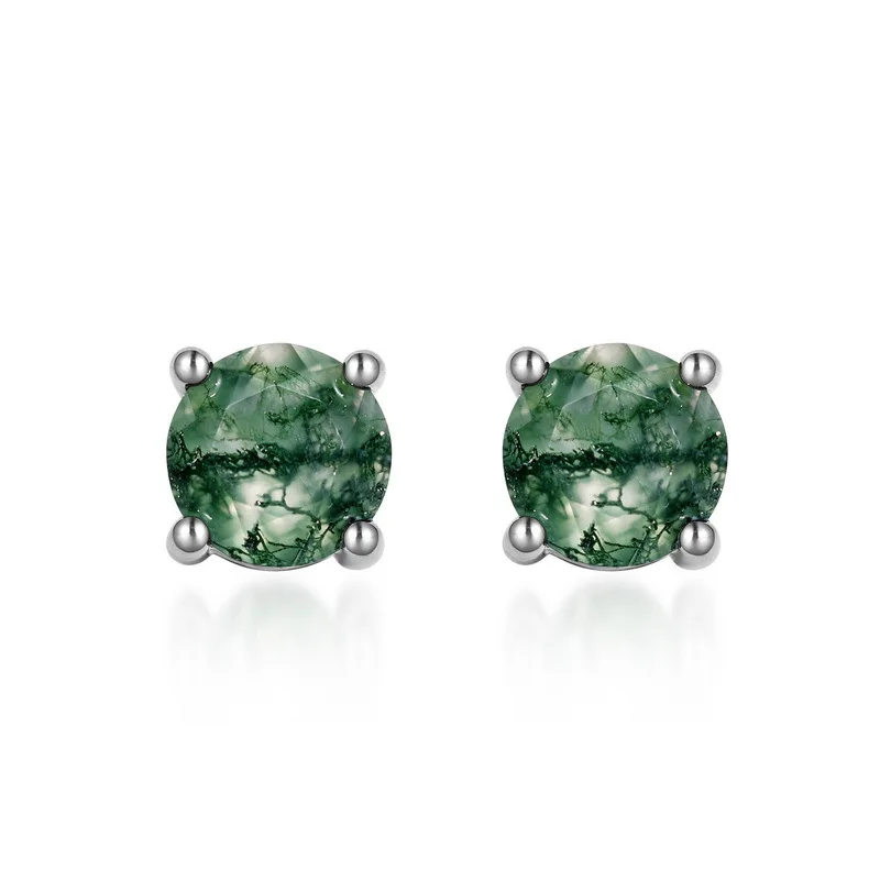 925 Sterling Silver Stud Earring Natural Moss Agate Earrings Jewelry 6*6mm Full Circle Round Shape Female Gifts Exquisite