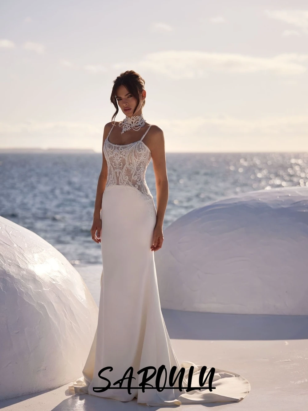 

Beach Semi-sheer Top Wedding Dress, Delicate Pearls Mermaid Bridal Gown, Customized Stunning Thin Straps Beaded Lace Wear