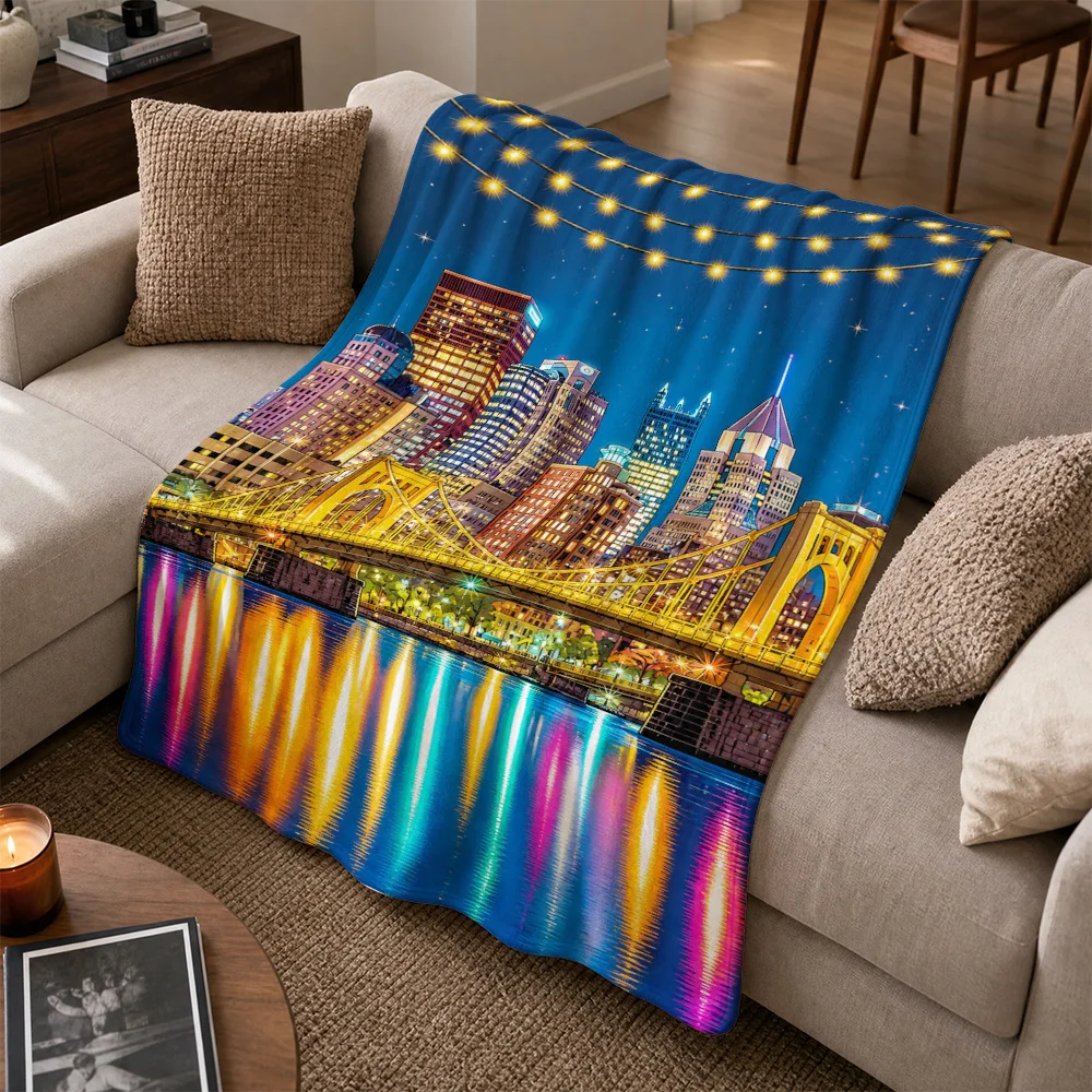 Vibrant Night Cityscape Throw Blanket for Sofa Home Decor Pop Art Skyline River View Cozy Couch Throw Artistic Gift Blanket Cove