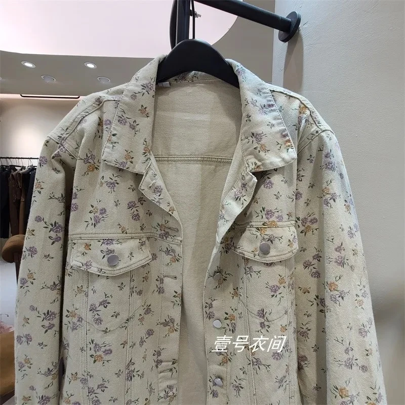 Spring Autumn New Design Lapels Single-Breasted Floral Print Denim Single-Breasted Lapels Loose Joker Temperament Fashion Coat