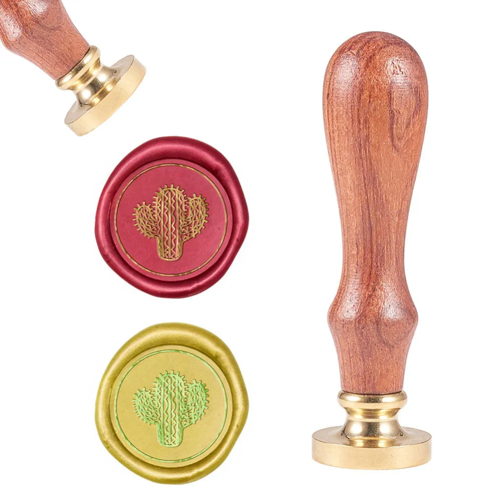 

1PC DIY Scrapbook Brass Wax Seal Stamp and Wood Handle Sets Cactus Golden 8.9x2.5cm Stamps: 25x14.5mm