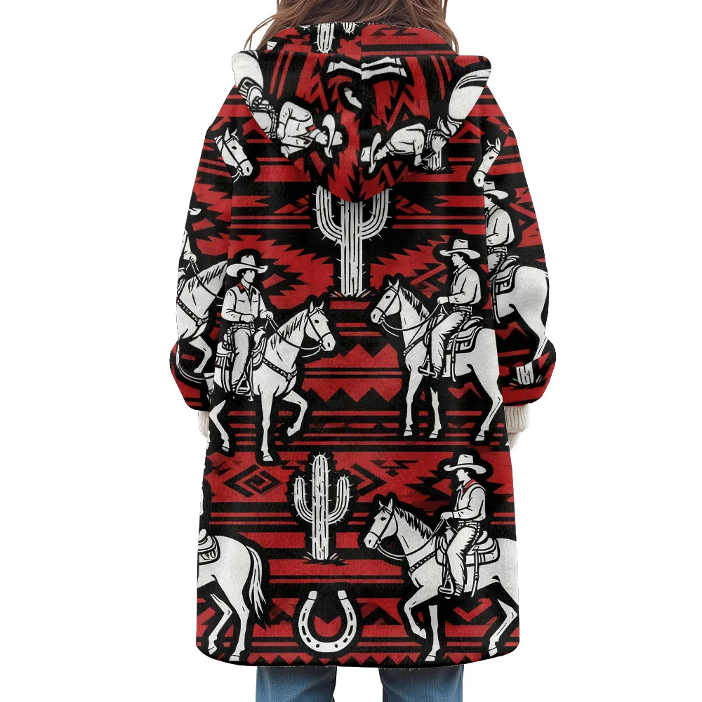 

Western Cowboy Print Hooded Coat Trench Geometric Horse Riding Figures Cactus Horseshoe Icons Unisex Outerwear Street Fashion