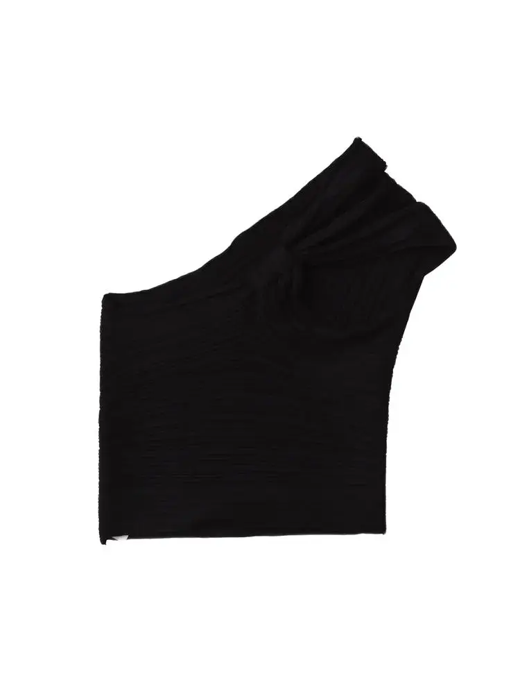 เสื้อครอปถักลายริบแบบไม่สมมาตรสำหรับผู้หญิง แฟชั่นเก๋ไก๋ แขนเสื้อมีปมด้านหน้า เสื้อผู้หญิง