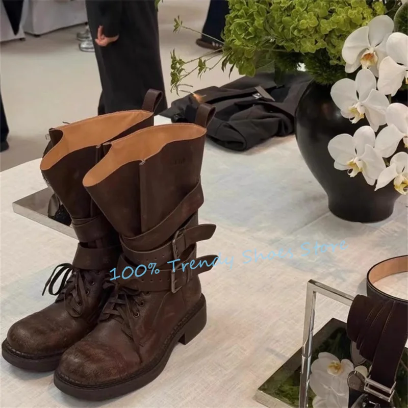 

British Style Belt Buckle Big Head Women Knight Boots High Top Chunky Bottom Lace-Up Western Cowboys Boots Ladies Casual Shoes