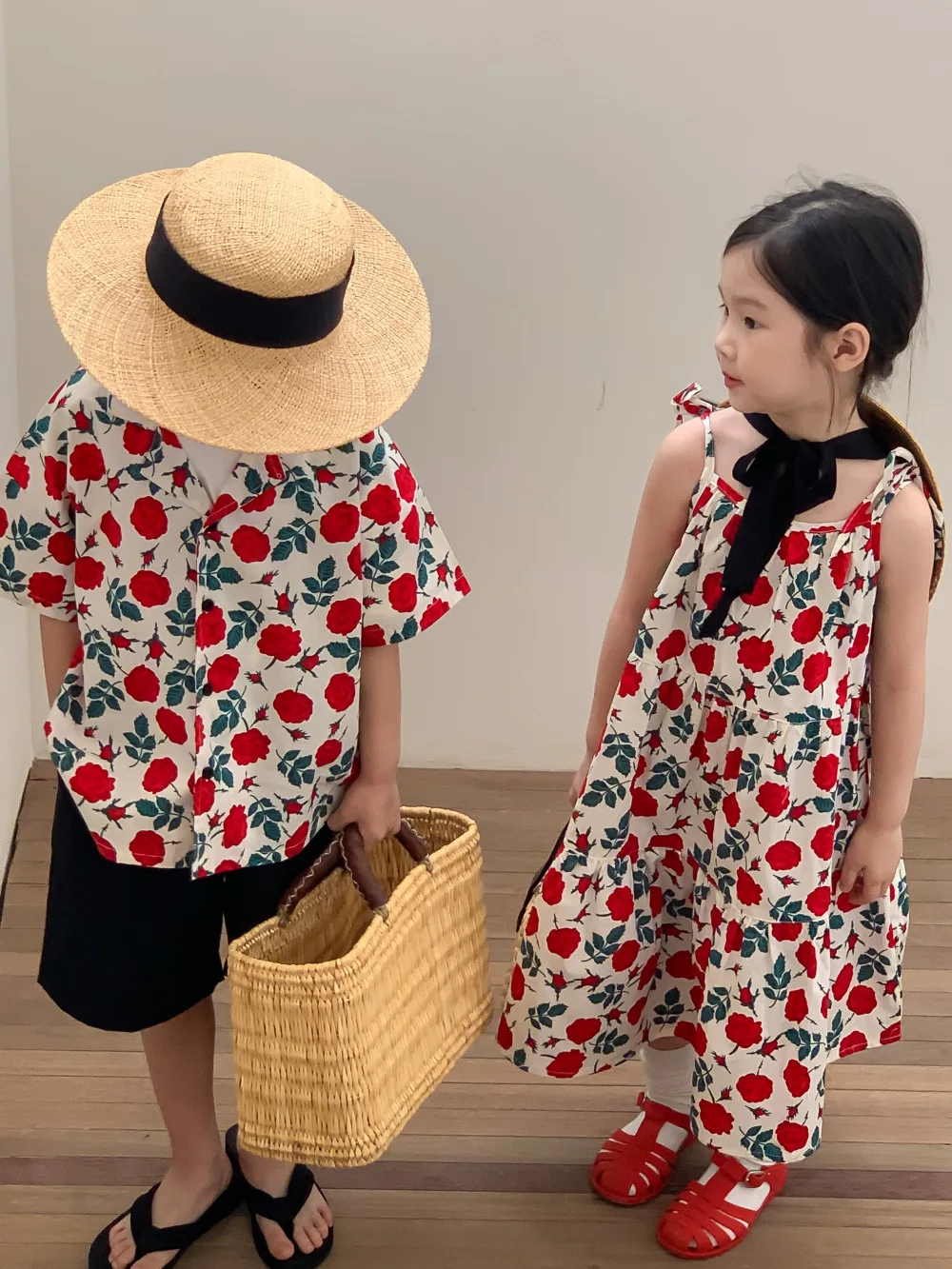 2024 Summer New Children Brother Sister Matching Clothes Fashion Boys Lapel Shirt Cute Girls Floral Sling Dress Sibling Outfits