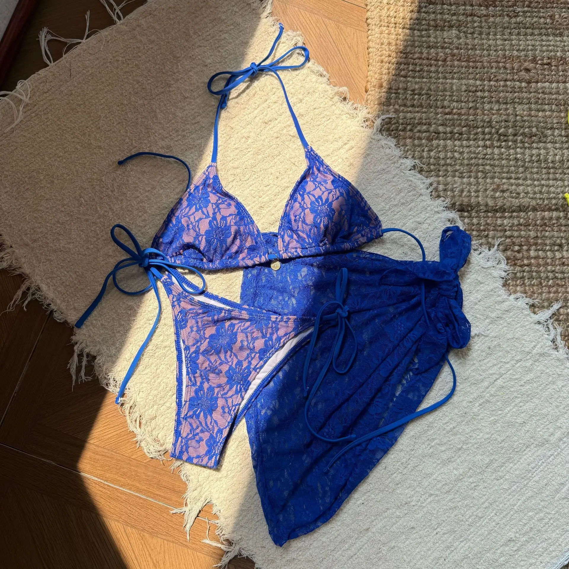 

3PCS Lace Mesh Sarong Halter High Cut Bikini Female Swimsuit Women Swimwear Three-pieces Bikini Set Bathing Suit Swim Beachwear