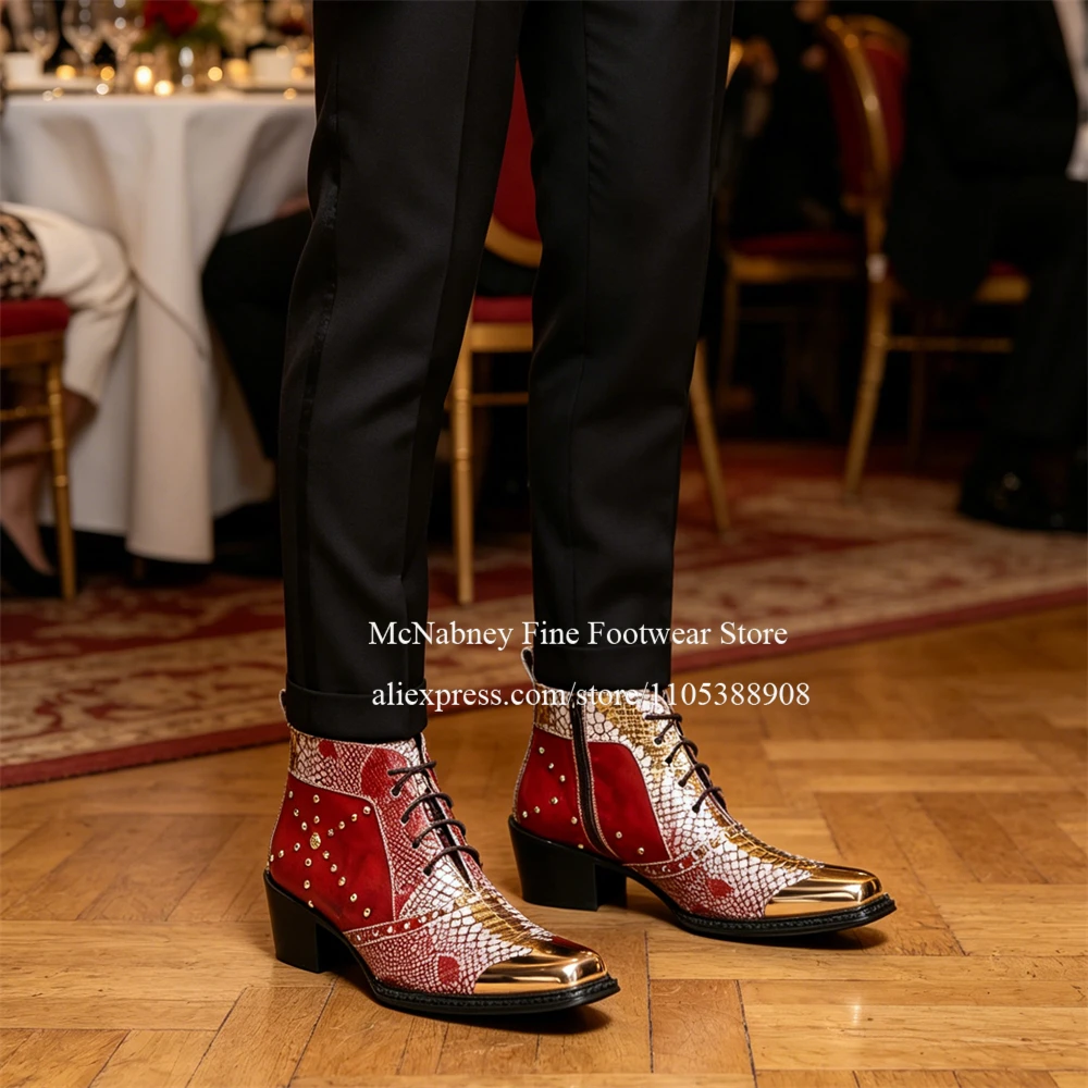 Red White Snake Print Gold Studs Men Western Ankle Boots Metal Pointed Toe Lace up Dress Boots for Men Business Wedding Party