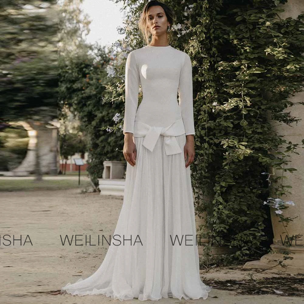Church Wedding Dresses Jersey and Tulle A-line Hall Wedding Dresses Ivory O-Neck Ruched Splicing Tailing Wedding Dresses Women