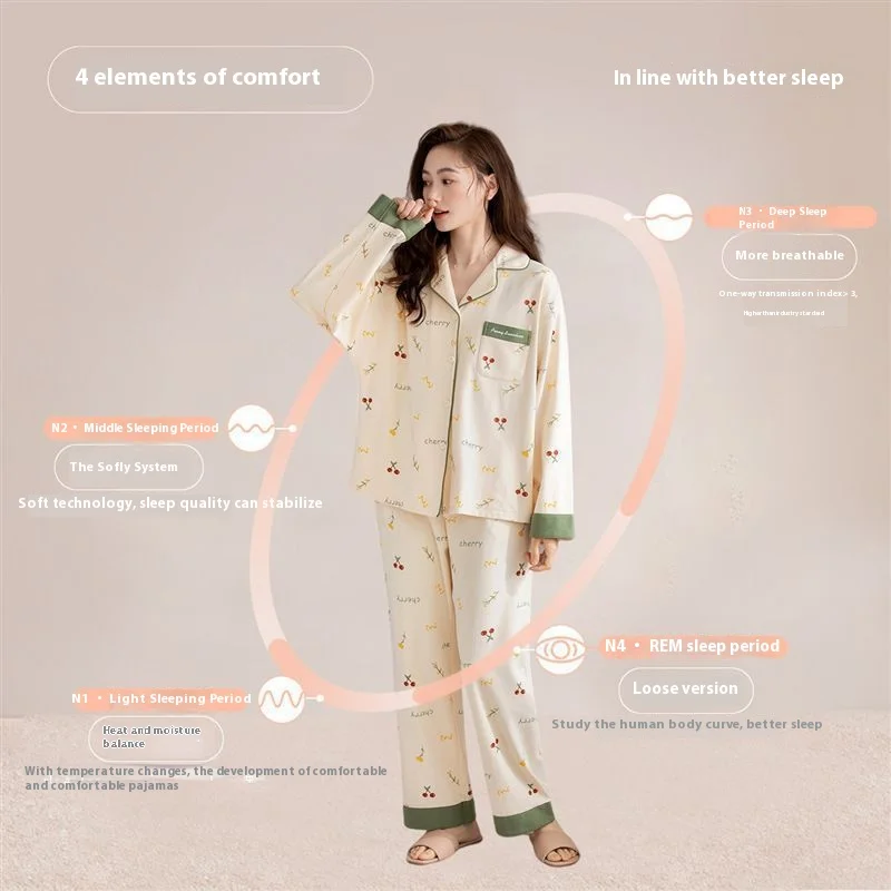 Cotton pyjamas women long trousers long-sleeved cotton can be worn outside the large size of the home clothing suit lapel cherry