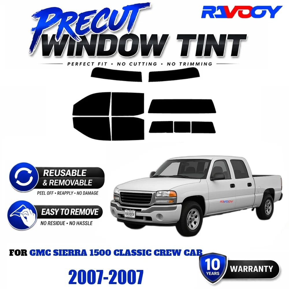 RAVOOY Precut Window Tint, Reusable Removable EPU Film, Custom Fit for Gmc Sierra 1500 Classic Crew Cab 2007, UV Heat Protection