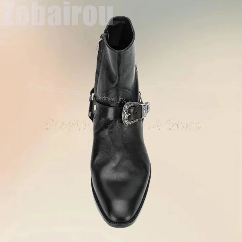 

Black Buckle Decor Square Toe Mid Calf Boots Fashion Side Zipper Men Boots Luxury Handmade Party Office Banquet Men Dress Shoes