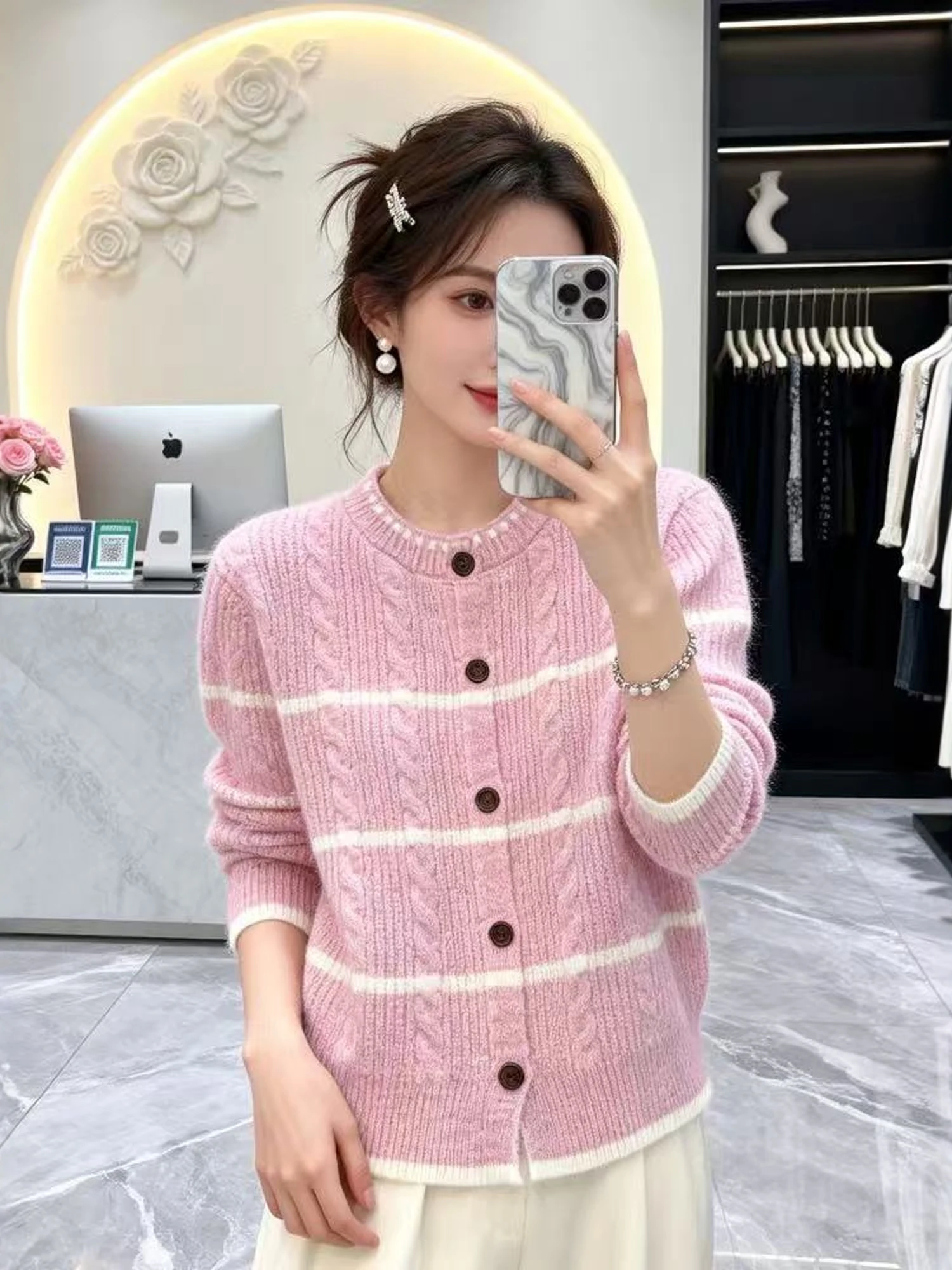 Korean Style Striped Knitted Open Cardigan Women's Autumn Winter Loose Fit round Neck Sweater Jacket Soft Long Sleeve Button ...