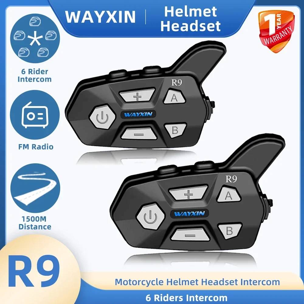 WAYXIN R9 Helmet Headsets - Motorcycle Intercom 6 Riders, Waterproof, FM Radio, Moto Communication Interphone Intercomunicador