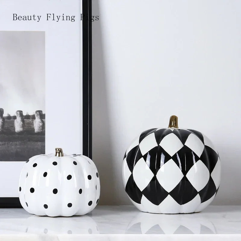 1PCS Ceramic Polka Dot Pumpkin Shaped Ornament Modern Light Luxury Model Room Children's Room Home Desktop Soft Decoration