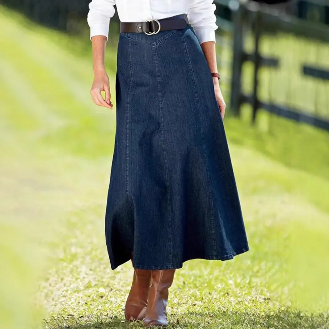 Dress Skirt Midi Solid Color High Waist Skirts Zipper Patchwork Denim Skirt Front Seam Side Slit Belted Waist A Line Skirt
