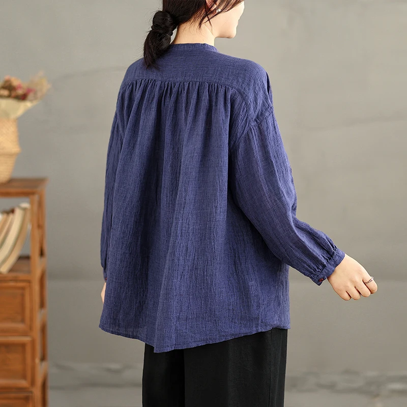 2026 Spring New Shirt Women's Loose Cotton Hemp Casual Shirt Blue Oriental Charm Literary Loose Wrinkle Large Size Shirt