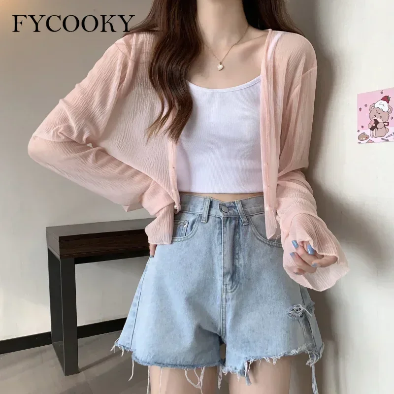 2025 Fairy Style Solid Cardigan Women Summer New Long Sleeve Sunscreen Sweet Beading V-neck Basics Loose Chiffon Cardigan