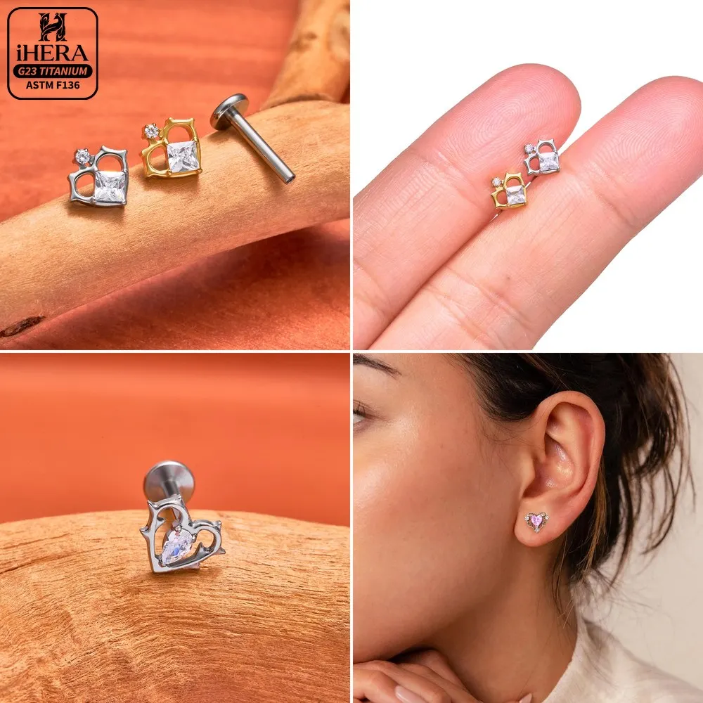 ASTM F136 Titanium Heart Shape Sparkly CZ Inlaid Lip Ring Nose Labret Stud  Ear Cartilage Piercing Jewelry Bulk Earrings view 5