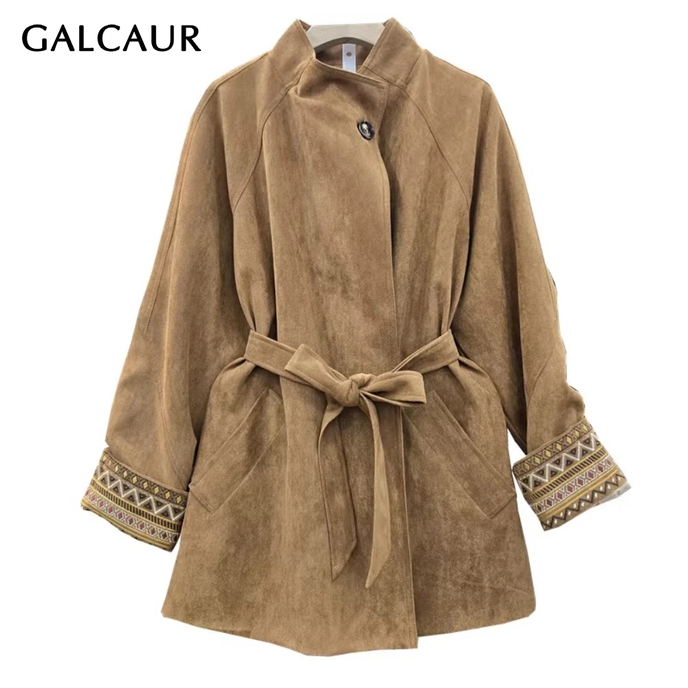 GALCAUR الصلبة تقسم الدانتيل يصل سترة أنيقة الإناث الوقوف طوق كم طويل فضفاض عادية كسول المرأة السترات الخريف موضة جديدة
