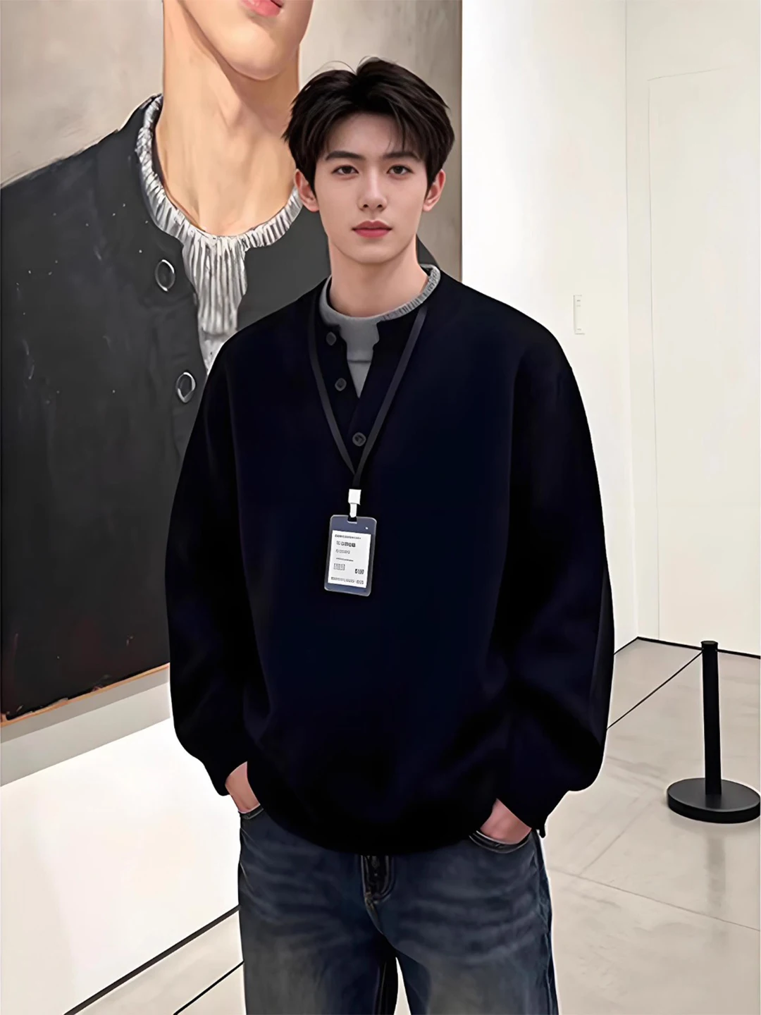 

Мужской трикотажный свитер с V-образным вырезом и воротником хенли, осенне-зимний, базовый слой, имитация двухслойности, свободный крой