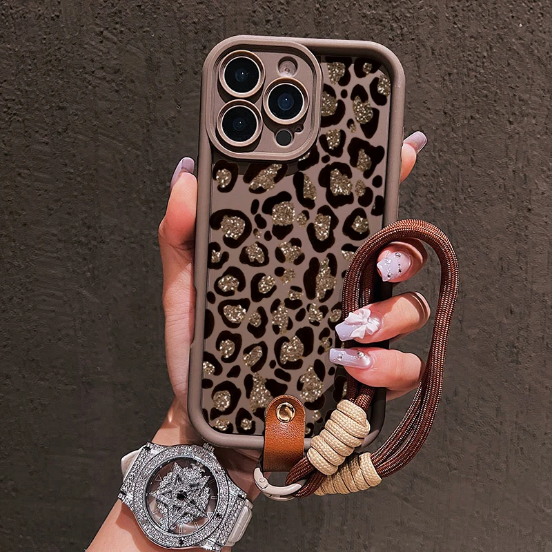 Luxury Leopard Print Soft Lanyard Strap Rope Phone Case For iPhone 17 Pro Max 11 12 13 14 15 16 Pro 17Air 7 8 15 Plus Cover