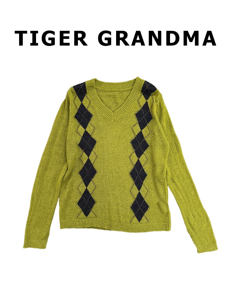 

Thiened Wool Blend V-Ne Diamond Patterned Thin Sweater Retro Sle Women's Loose Fit Long Sve Pullover Autumn Faion