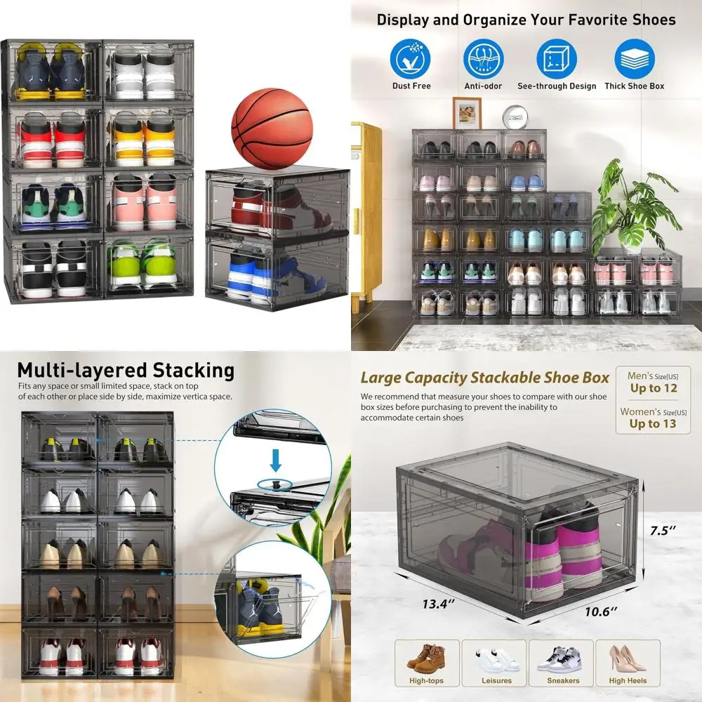 

XXL Clear Stackable Shoe Boxes with Lids and Magnetic Door, Grey, for Closet Sneaker Storage