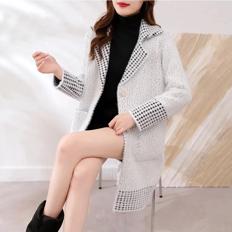 Mink Velvet Women\'s Jacket Knitted Cardigan Long Outwear Autumn Winter 2023 New Thick Woolen Coat Korean Female Fashion Tide Top