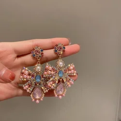 925 Silver Needle Pearl Pink Bow Flower water drop earrings