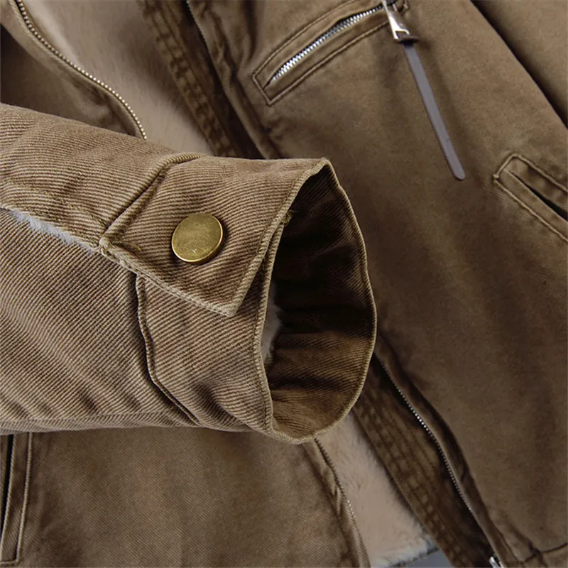 الشتاء سميكة الدافئة فو امبسوول بطانة قصيرة الدنيم معطف الكاكي القهوة اللون كاوبوي ملابس خارجية التلبيب كم طويل الجينز سترة معطف #6