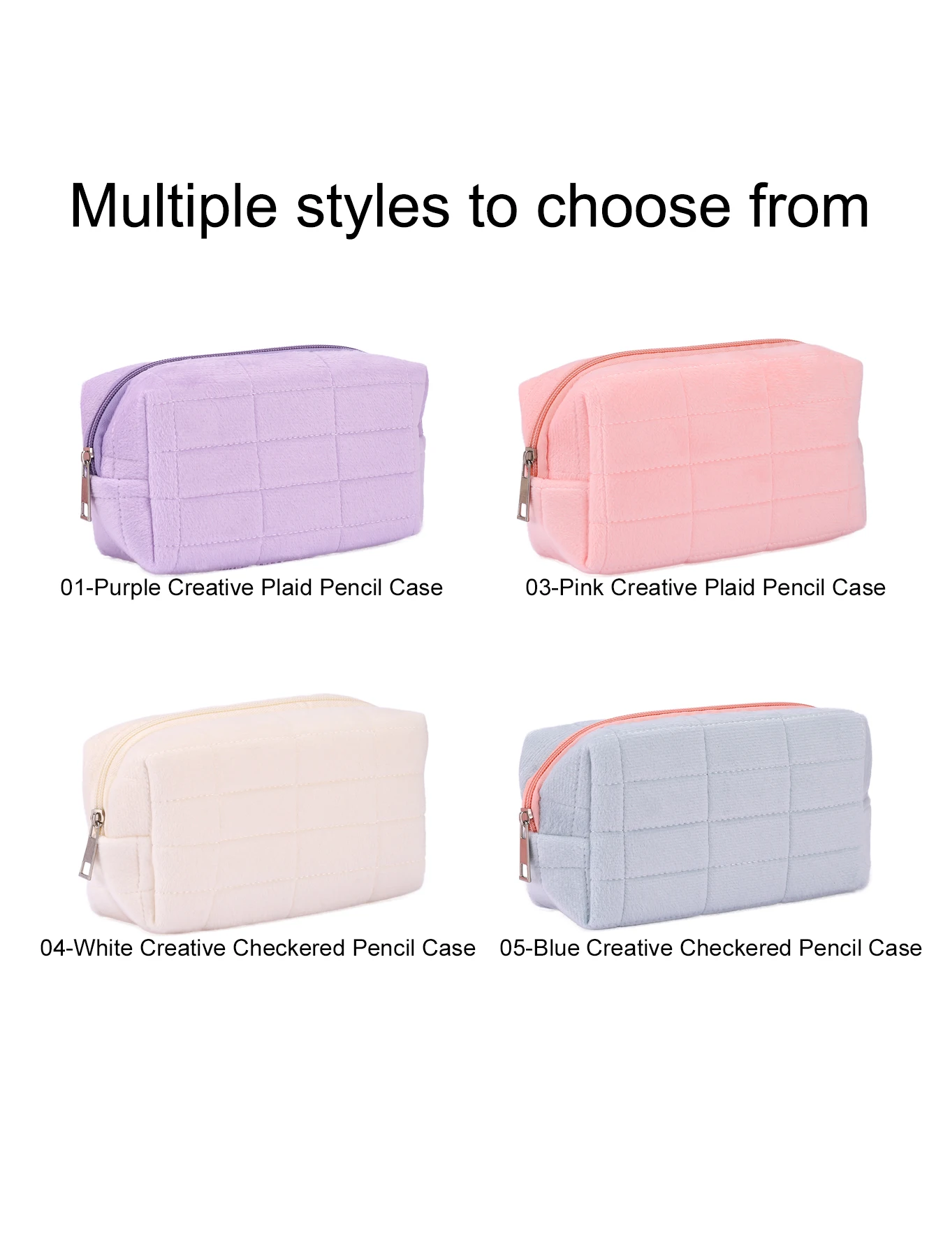 Custom Name Grid Quilted Plush Pen Bag Personalized Heat Transfer Zipper Pencil Case Capacity Stationery Storage Back to School view 5