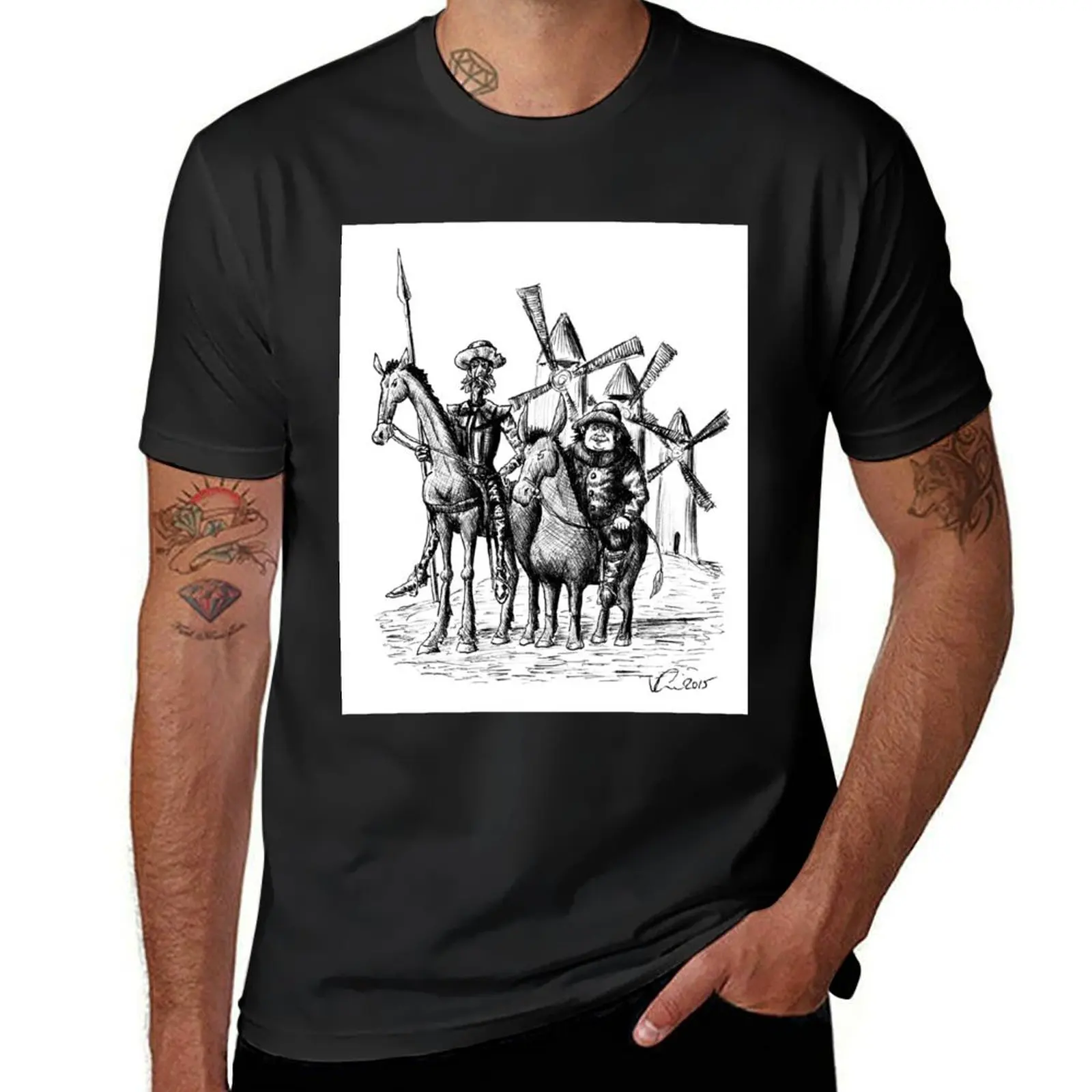 Don Quixote and Sancho Panza ink drawing T-Shirt anime clothes plus size tops boys whites mens cotton t shirts