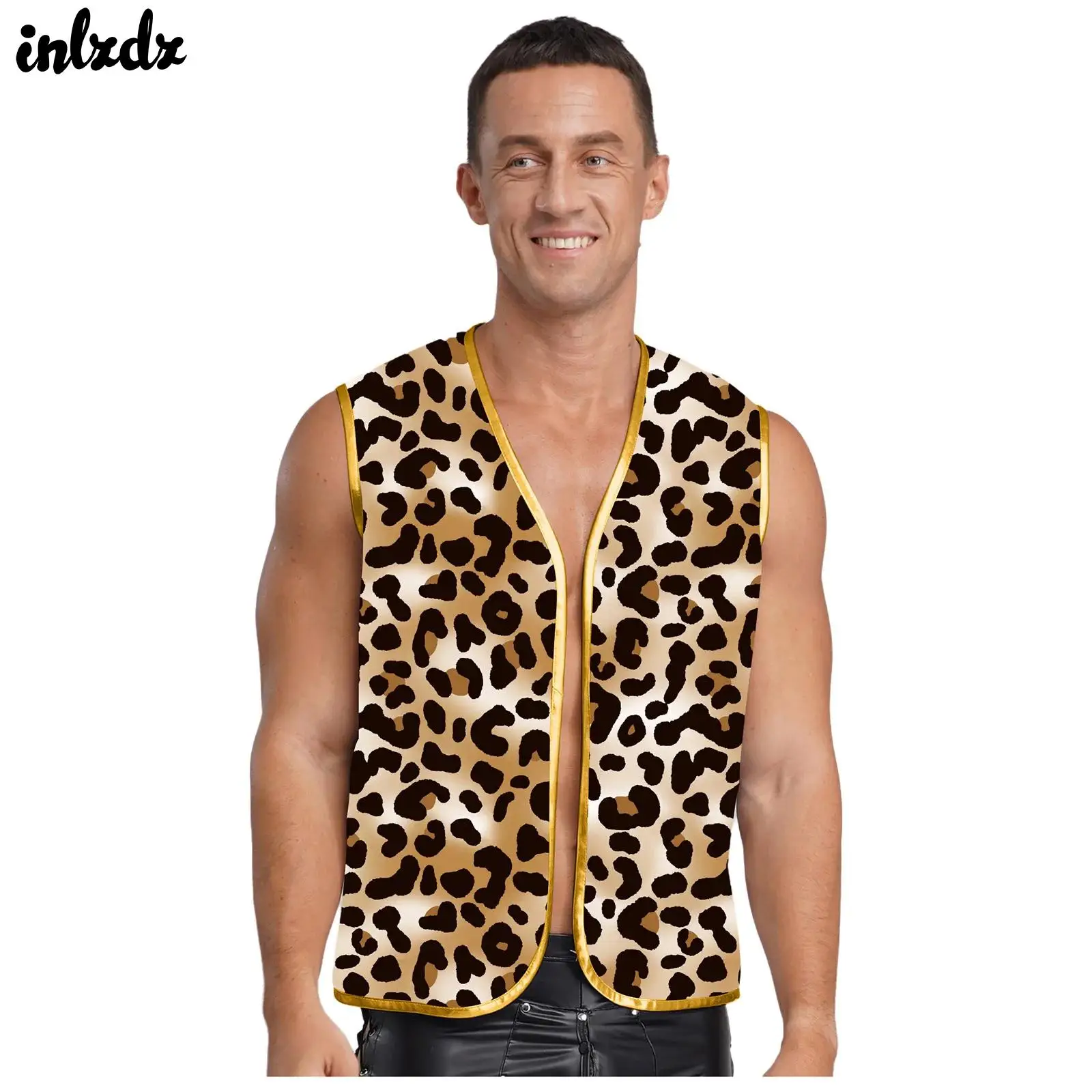 

Mens Metallic Trim Open Front Waistcoat Cardigan Tops Leopard Print Vest Cosplay Theme Party Hippie Costume Vintage Vest Tops