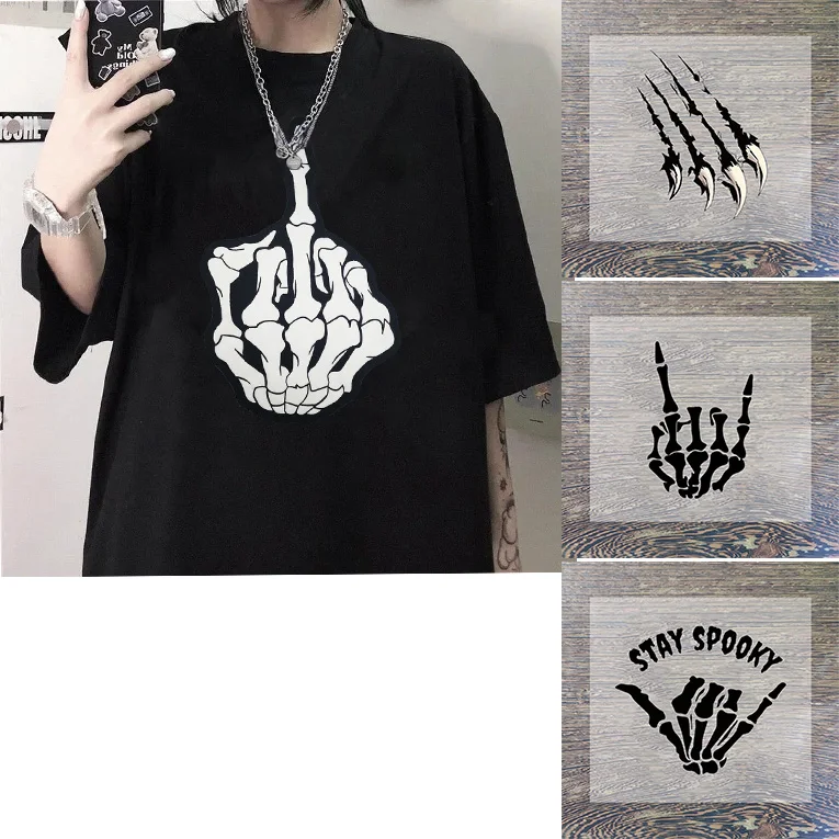 Skull fingers DIY Picture Stickers On Clothes Iron On Transfers Heat Transfer Colorful Patch Micro elastic Wash