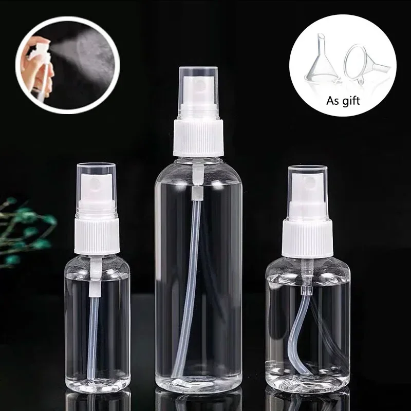 50 unids/lote 10-100ml botella de Spray transparente con embudo botellas de muestra de Perfume portátiles envases de agua cosméticos atomizador