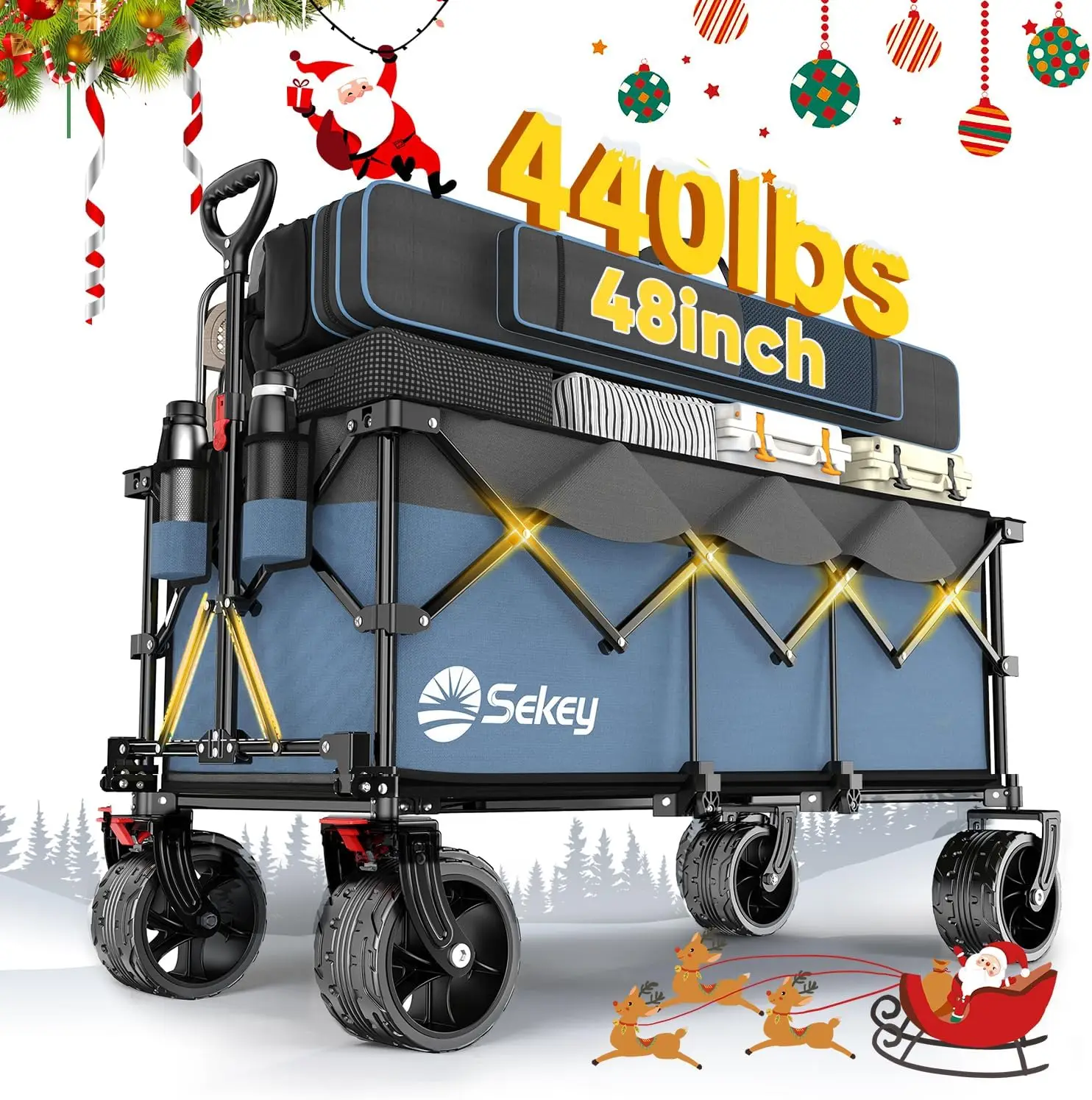 

48''L Collapsible Foldable Extended Wagon with 440lbs Weight Capacity Heavy Duty 300L Folding Utility Garden Cart with Big All T