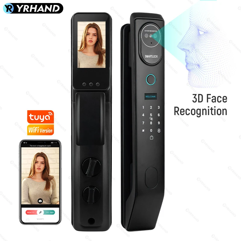 V8 Tuya Wifi 3D Face Smart Door Lock Security Camera Intelligent Fingerprint Password Biometric Electronic Key Unlock For Home