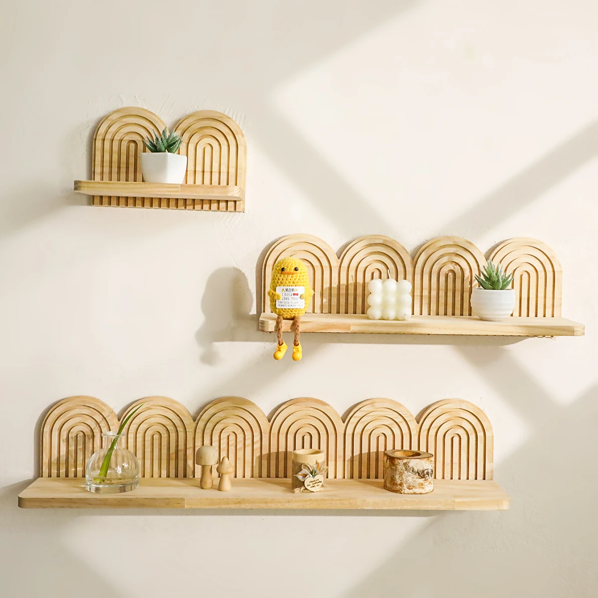 Boho Wooden Arched Wall Shelves Rustic Natural Wood Rainbow Design Floating Shelves Decorative Storage Racks for Home Wall Decor