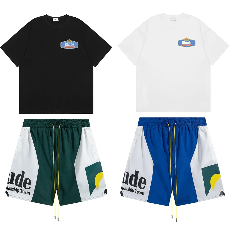 

2026 New RHUDE Men's Color Block Shorts Big Logo Print Drawstring Waist Casual Streetwear Shorts Beach Pants