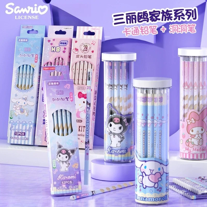 Crayons Sanrio authentiques Melody Kuromi Cinnamoroll, crayons à dessin et à écrire HB noirs mignons de dessins animés, papeterie pour élèves du primaire, cadeau scolaire