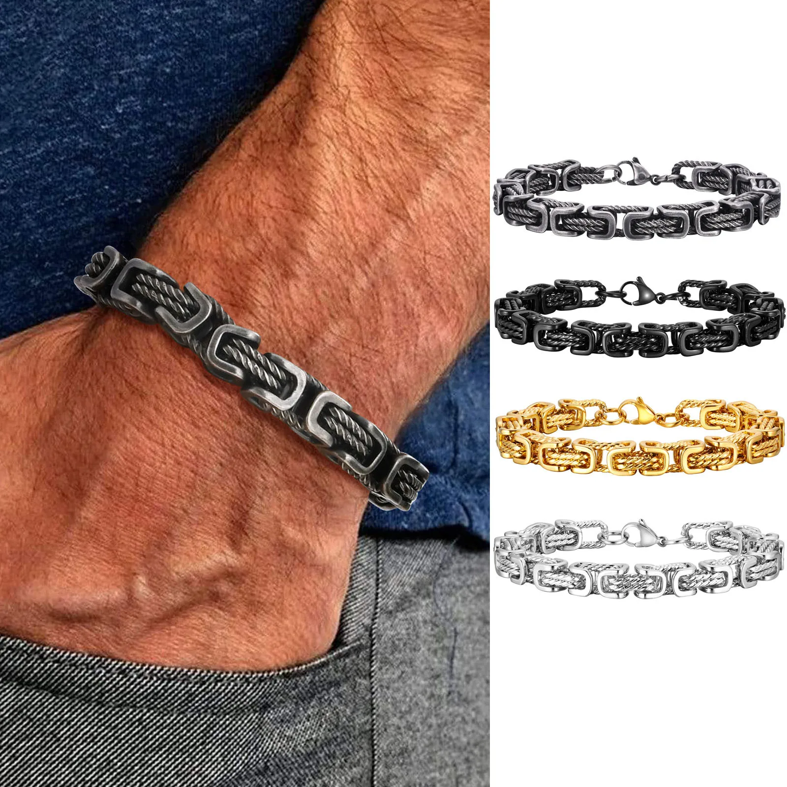 Mprainbow Chunky Byzantine Bracelets for Men Boys,Grey 8mm Stainless Steel Braided Link Wristband,Vintage Jewelry Gift for Him