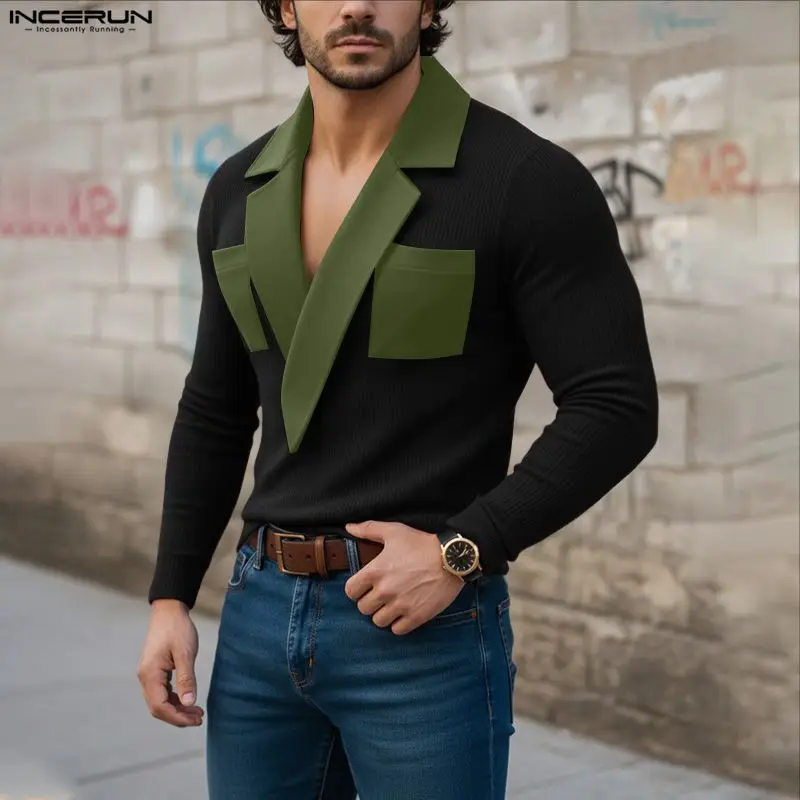

INCERUN Men Shirt Patchwork Color-block Lapel Long Sleeve Men Clothing Streetwear Loose 2026 Knitted Fashion Casual Camisas Tops