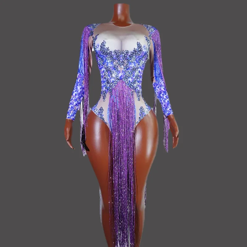 

Sparkli Purple Rhinestone Fringed party night Leotard Bodysuit Birthday Party Dance Costume Singer Drag Queen Performance dress