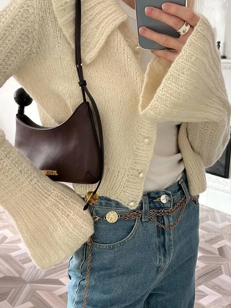 Tossy Knit Sweater Cardigan Outwear Women\'s Lapel Long Sleeve Patchwork High Waist Cropped Top Streetwear Female Knitwear Coat