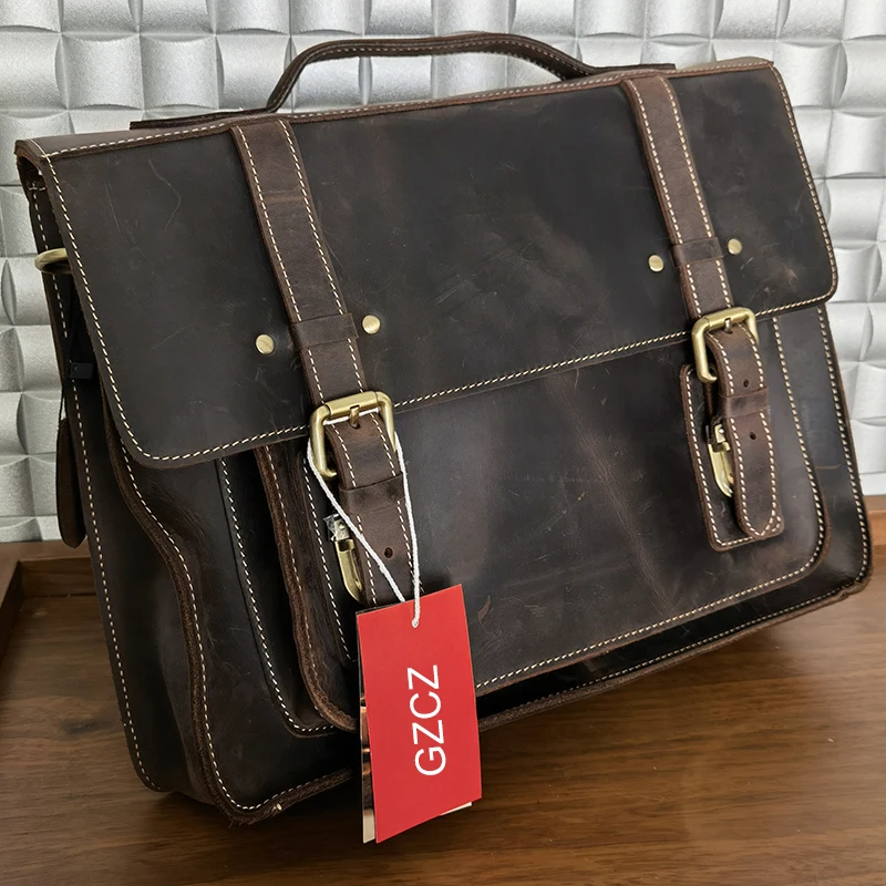 GZCZ Genuine Leather Men\'s Briefcase Messenger Bag Men\'s Leather Laptop Bag For men Office Bags High Capacity Briefcase Handbags